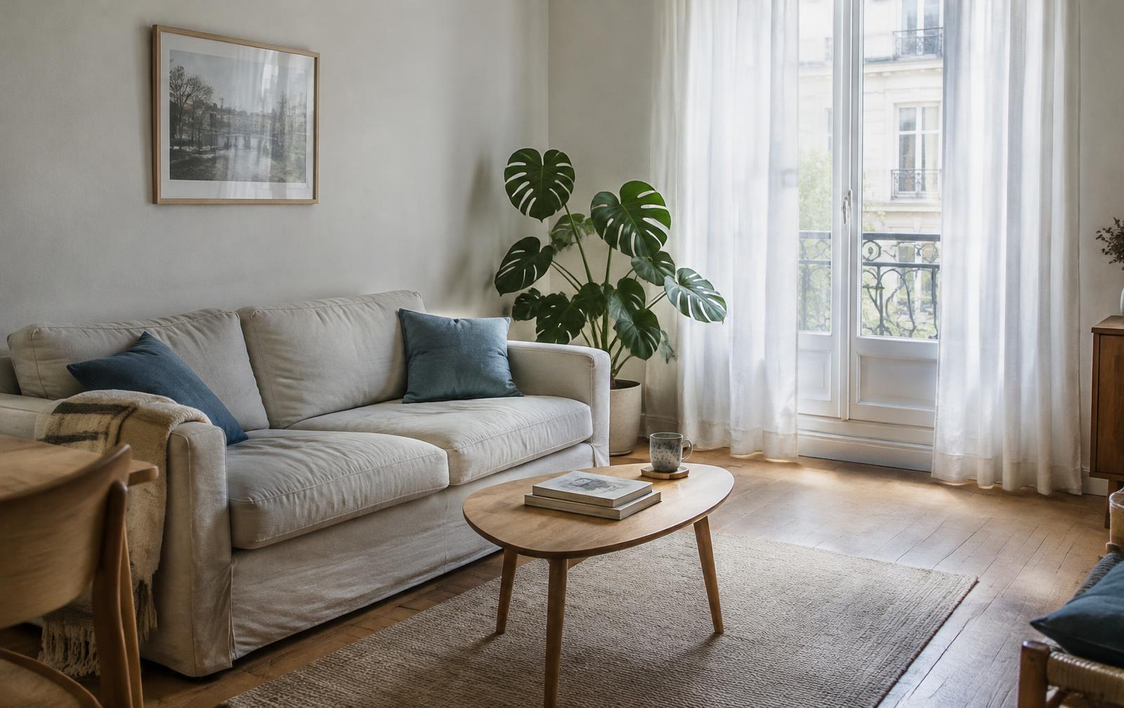 Un salon lumineux, fraîchement nettoyé